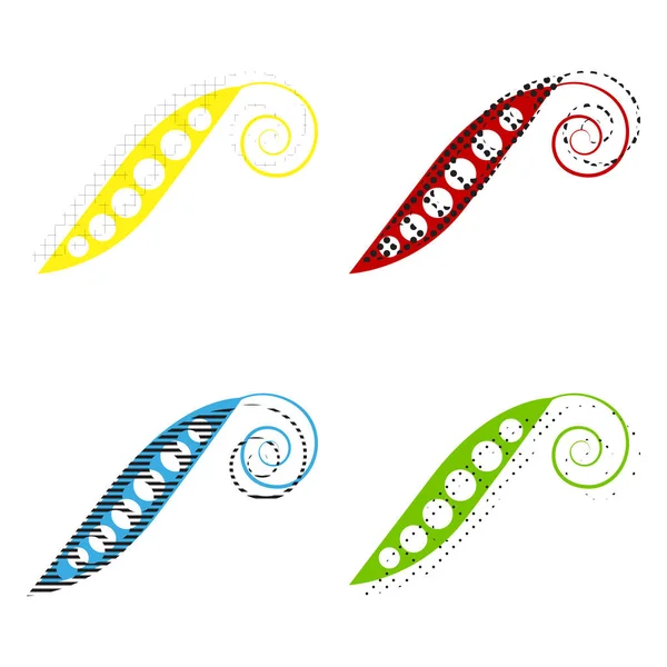 Eco alimentos vegetais Sinal de ervilha. Vector. Amarelo, vermelho, azul, verde i — Vetor de Stock