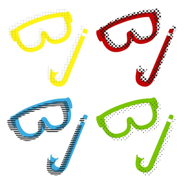 Signo de máscara de buceo. Vector. Amarillo, rojo, azul, verde iconos con th — Vector de stock