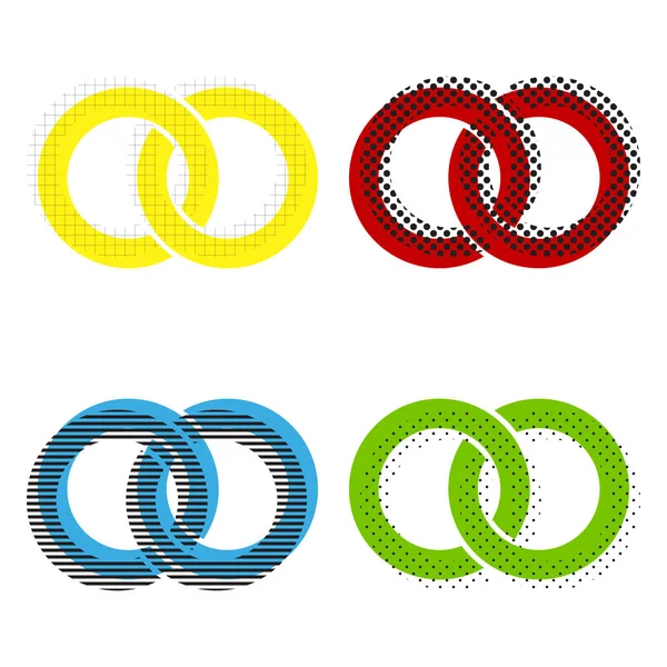 Пример знака - обручальные кольца. Вектор. Желтый, красный, синий, зеленый — стоковый вектор