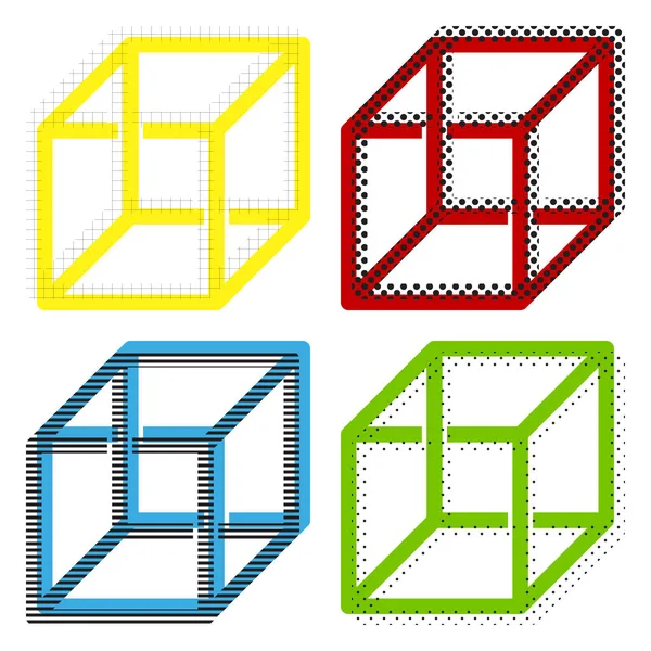 Проводной знак куба с оптической иллюзией. Вектор. Желтый, красный, синий — стоковый вектор