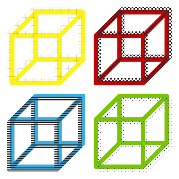 Wired cube sign. Vector. Yellow, red, blue, green icons with the — Stock Vector