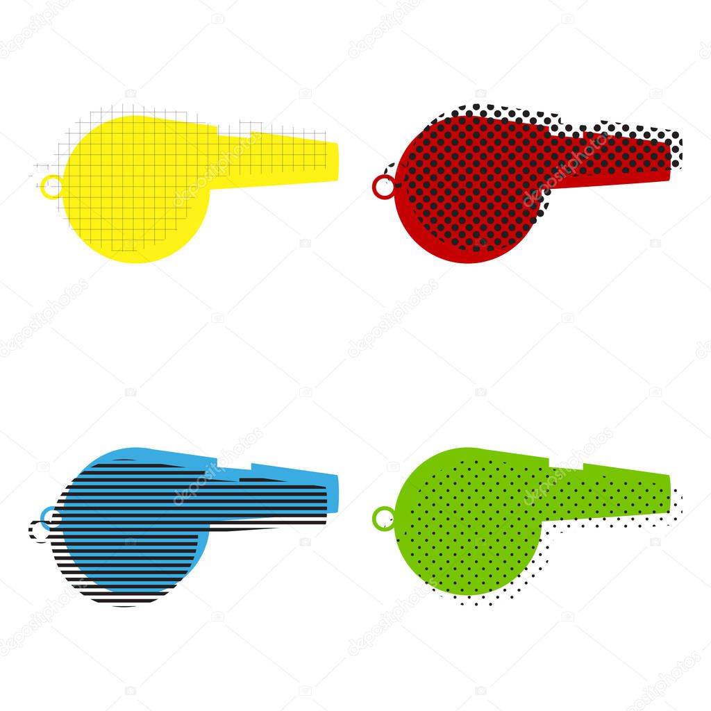 Whistle sign. Vector. Yellow, red, blue, green icons with their 