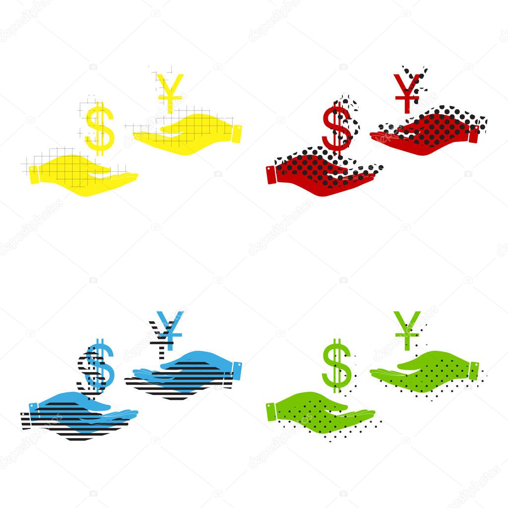 Currency exchange from hand to hand. Dollar and Yuan. Vector. Ye
