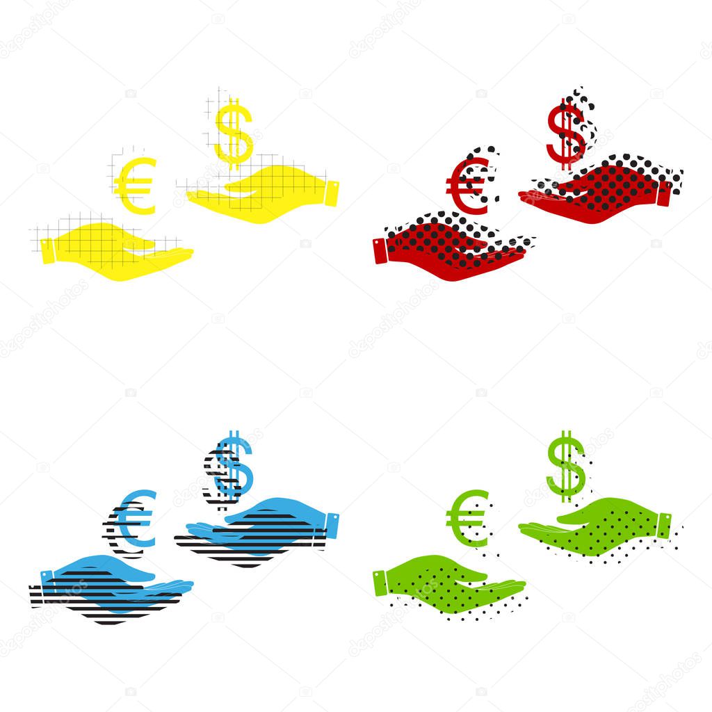 Currency exchange from hand to hand. Euro and Dollar. Vector. Ye