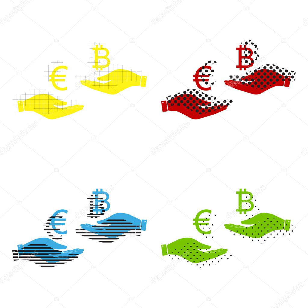 Currency exchange from hand to hand. Euro an Bitcoin. Vector. Ye