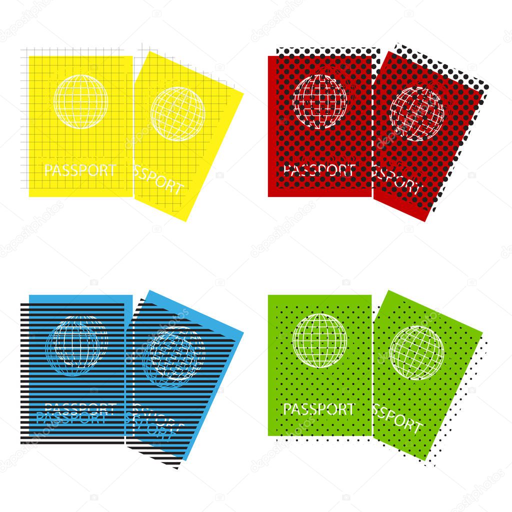 Two passports sign illustration. Vector. Yellow, red, blue, gree