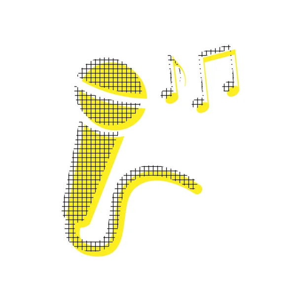 Signo de micrófono con notas musicales. Vector. Icono amarillo con cuadrado — Vector de stock