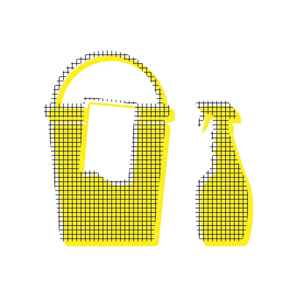 Eimer und Lappen mit chemischen Haushaltsflaschen. Vektor. gelb — Stockvektor