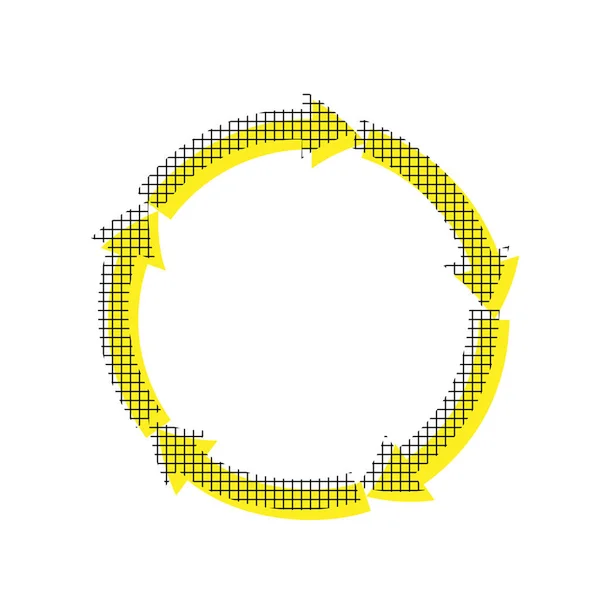 Señal de flechas circulares. Vector. Icono amarillo con patrón cuadrado du — Vector de stock