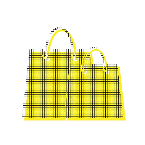 Τσάντες για ψώνια σημάδι. Διάνυσμα. Κίτρινο εικονίδιο με τετράγωνο μοτίβο Επαναλ — Διανυσματικό Αρχείο