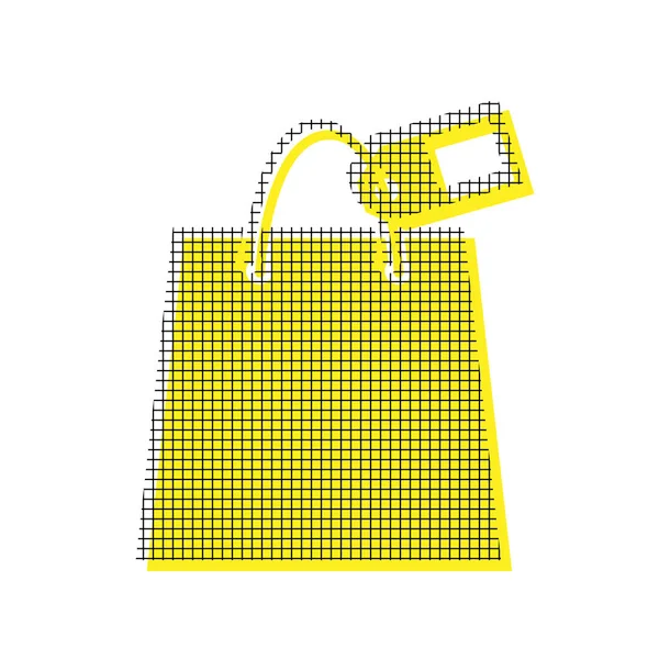 Cartel de bolsa de compras con etiqueta. Vector. Icono amarillo con patt cuadrado — Vector de stock