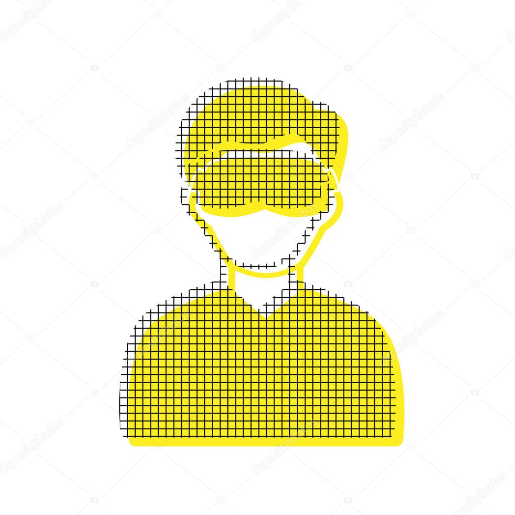 Man with sleeping mask sign. Vector. Yellow icon with square pat