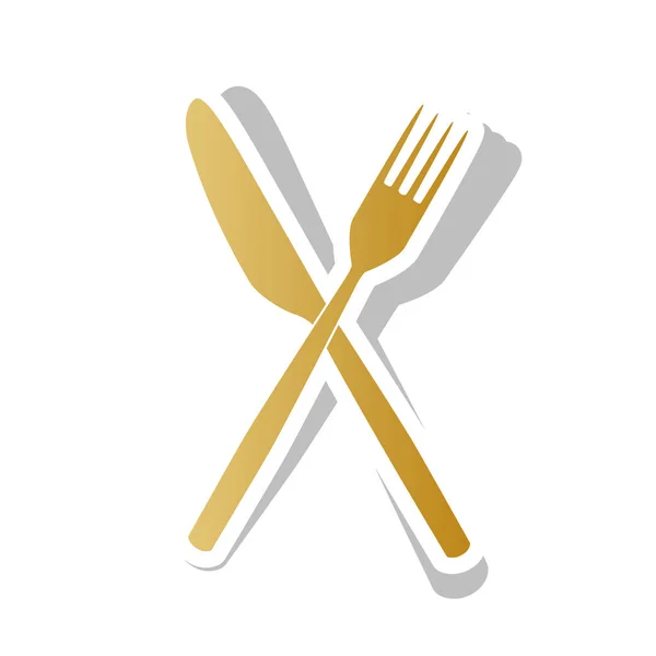 Señal de tenedor y cuchillo. Vector. Icono de gradiente dorado con cono blanco — Vector de stock