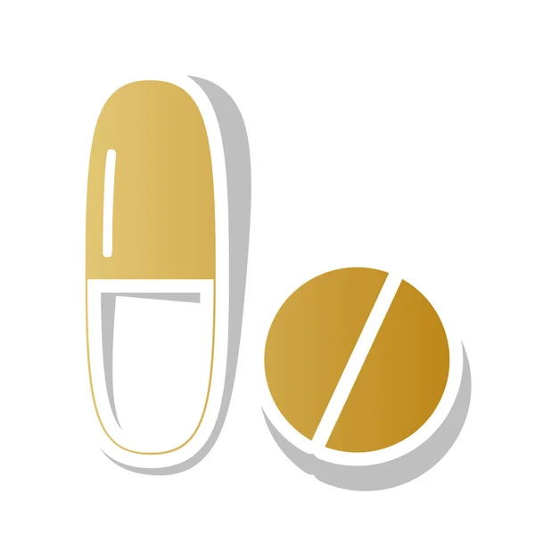Medische pillen ondertekenen. Vector. Gouden kleurovergang pictogram met witte cont — Stockvector