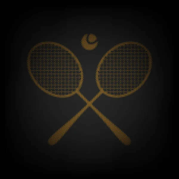 2つのテニスラケットにボールサインがあります 暗闇の中の小さなオレンジ色の電球のグリッドとしてのアイコン — ストックベクタ