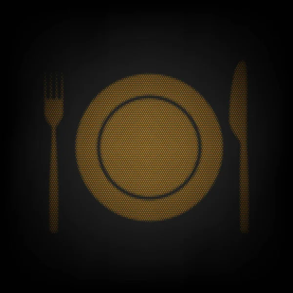 刀叉和盘子标志 图标是黑暗中橙色小灯泡的网格 — 图库矢量图片