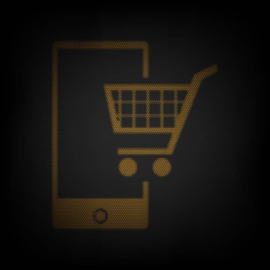 Akıllı telefon işaretinden alışveriş. Karanlıktaki küçük turuncu ampulün ızgarası gibi simge.