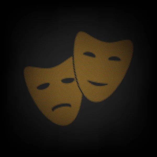 剧场的图标与快乐和悲伤的面具 图标是黑暗中橙色小灯泡的网格 — 图库矢量图片