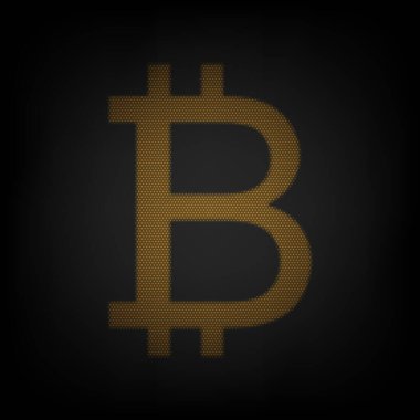 Bitcoin işareti. Karanlıktaki küçük turuncu ampulün ızgarası gibi simge.