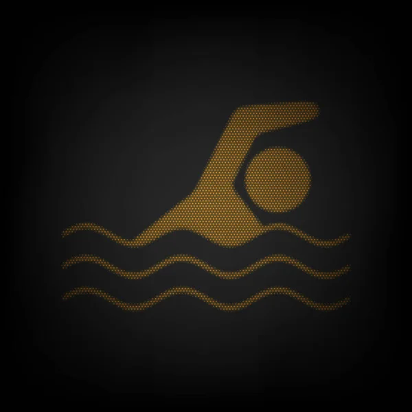 Swimming water sport sign. Icon as grid of small orange light bulb in darkness.