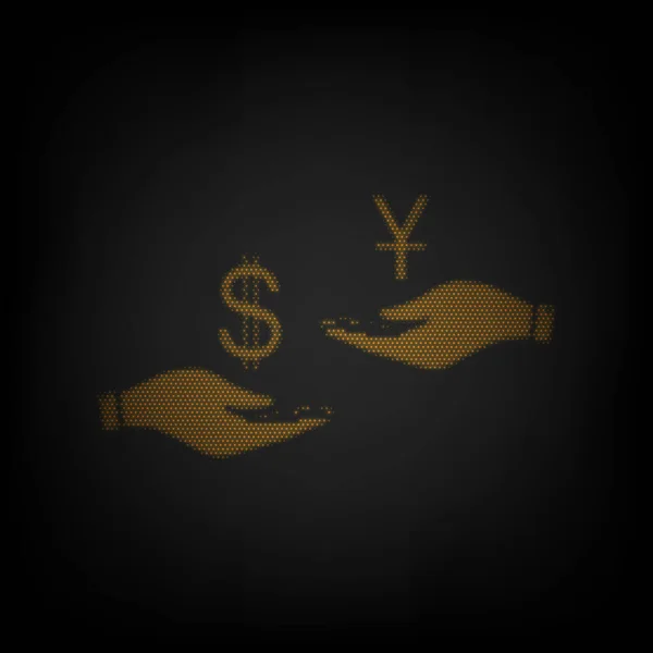 货币在两手之间的汇率 美元和元 图标是黑暗中橙色小灯泡的网格 — 图库矢量图片