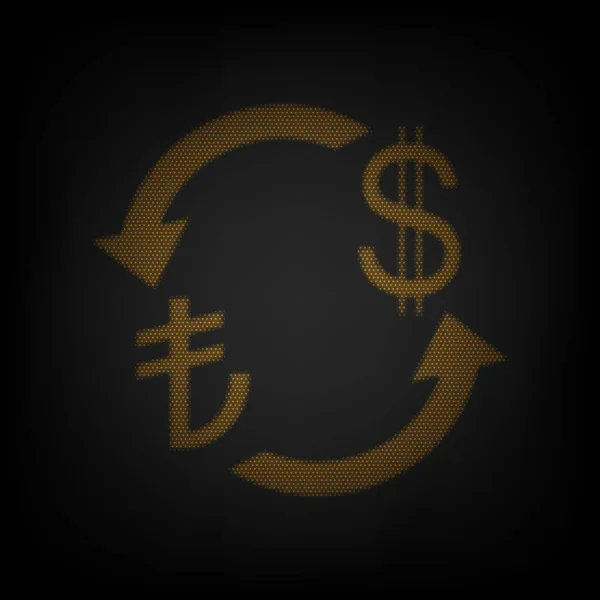 货币兑换标志 土耳其里拉和美元 图标是黑暗中橙色小灯泡的网格 — 图库矢量图片