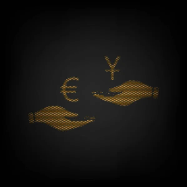 货币在两手之间的汇率 欧元和元 图标是黑暗中橙色小灯泡的网格 — 图库矢量图片
