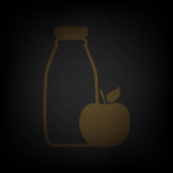 Bottle with apple. Dietology sign. Icon as grid of small orange light bulb in darkness.