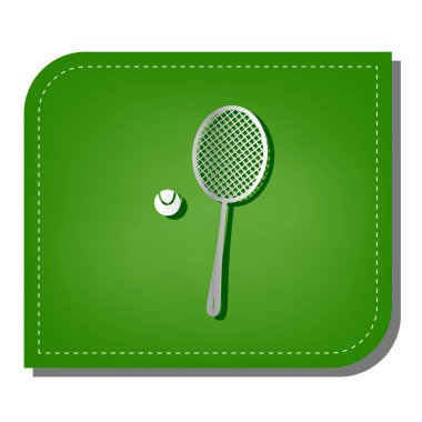 Top işaretli tenis raketi. Yeşil yapraklı, koyu yeşil gölgeli gümüş çizgi simgesi.
