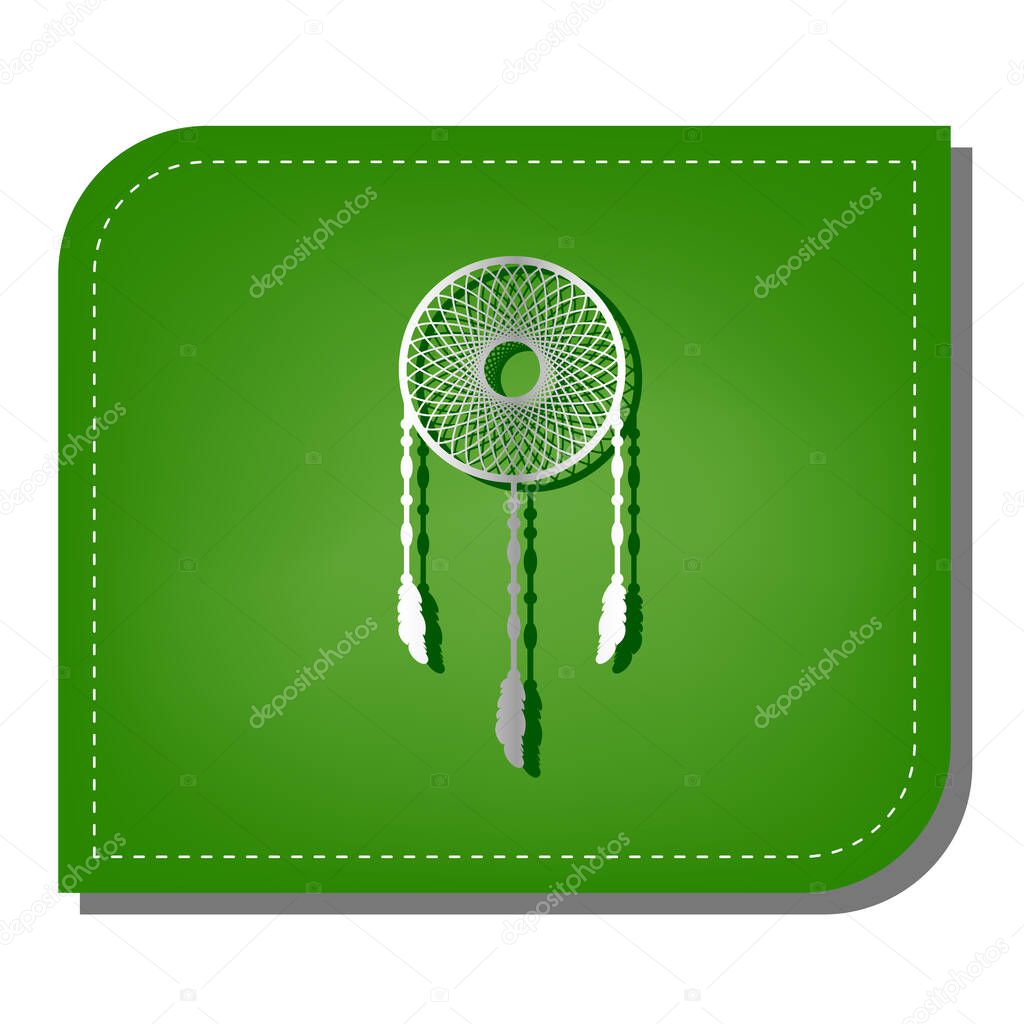 Dream catcher sign. Silver gradient line icon with dark green shadow at ecological patched green leaf.