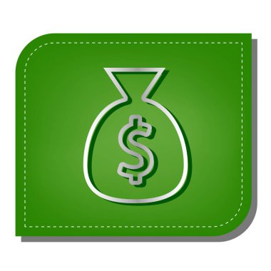 Para çantası tabela illüstrasyonu. Yeşil yapraklı, koyu yeşil gölgeli gümüş çizgi simgesi.