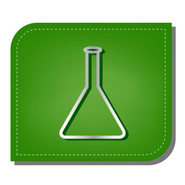 Konik şişe işareti. Laboratuvar cam işareti. Yeşil yapraklı, koyu yeşil gölgeli gümüş çizgi simgesi.