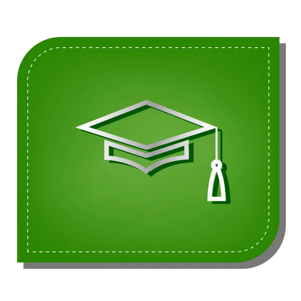 护身符或毕业帽 教育符号 生态补丁绿叶上带有深绿色阴影的银色渐变线图标 — 图库矢量图片