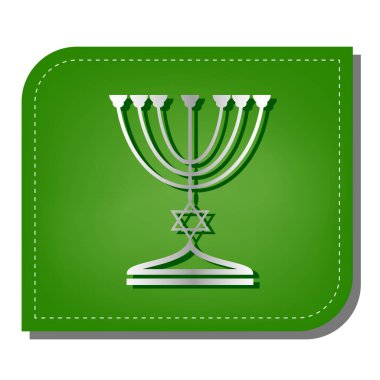Yahudi Menorah şamdanı siyah bir siluette. Yeşil yapraklı, koyu yeşil gölgeli gümüş çizgi simgesi.