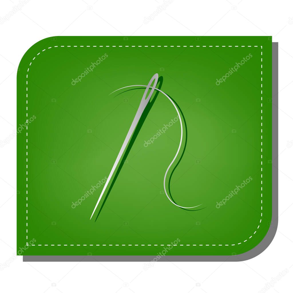 Needle with thread. Sewing needle, needle for sewing. Silver gradient line icon with dark green shadow at ecological patched green leaf.