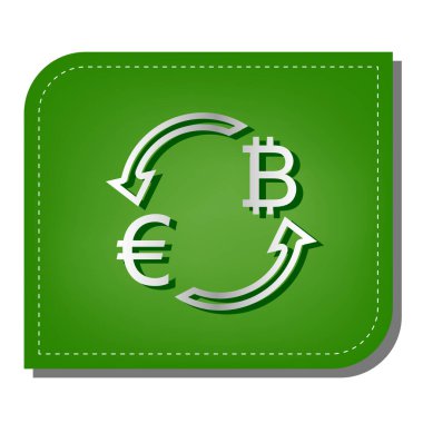Döviz kurları tabelası. Euro ve Bitcoin. Yeşil yapraklı, koyu yeşil gölgeli gümüş çizgi simgesi.
