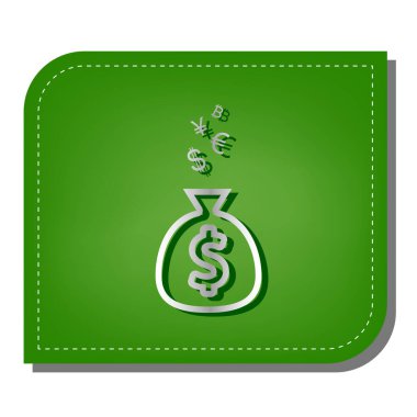 Para çantası işaretleri ve para birimi sembolleri. Yeşil yapraklı, koyu yeşil gölgeli gümüş çizgi simgesi.