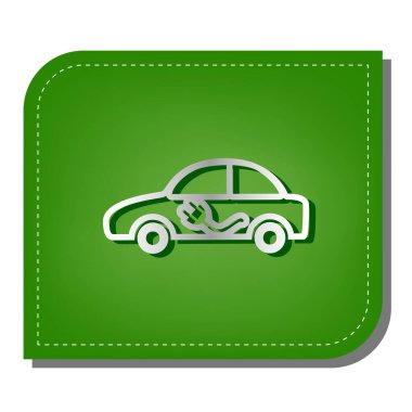 Elektrikli araba tabelası. Yeşil yapraklı, koyu yeşil gölgeli gümüş çizgi simgesi.