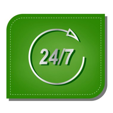 Destek 24 saat işareti. Yeşil yapraklı, koyu yeşil gölgeli gümüş çizgi simgesi.