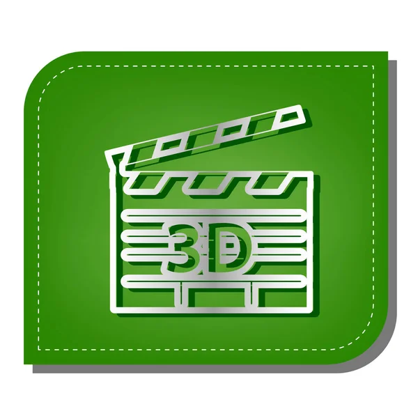 3D电影标志 生态补丁绿叶上带有深绿色阴影的银色渐变线图标 — 图库矢量图片