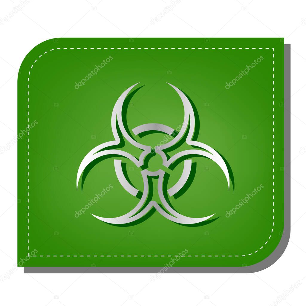 Danger chemicals sign. Silver gradient line icon with dark green shadow at ecological patched green leaf.