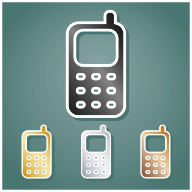 Cep telefonu işareti. Gri, altın, gümüş ve bronz renkli metalik simgeler seti. Beyaz çizgili ve Viridan arka planında gölgeli..