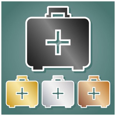Tıbbi ilk yardım kutusu işareti. Gri, altın, gümüş ve bronz renkli metalik simgeler seti. Beyaz çizgili ve Viridan arka planında gölgeli..