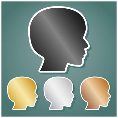 İnsan kafası işareti. Gri, altın, gümüş ve bronz renkli metalik simgeler seti. Beyaz çizgili ve Viridan arka planında gölgeli..