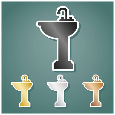 Lavabo tabelası. Gri, altın, gümüş ve bronz renkli metalik simgeler seti. Beyaz çizgili ve Viridan arka planında gölgeli..