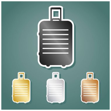 Bagaj işareti çizimi. Gri, altın, gümüş ve bronz renkli metalik simgeler seti. Beyaz çizgili ve Viridan arka planında gölgeli..