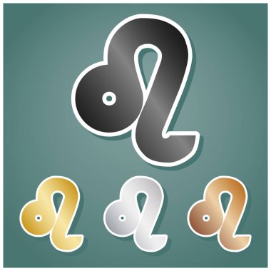 Leo illüstrasyon imzaladı. Gri, altın, gümüş ve bronz renkli metalik simgeler seti. Beyaz çizgili ve Viridan arka planında gölgeli..