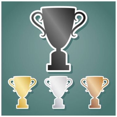 Şampiyonlar Kupası tabelası. Gri, altın, gümüş ve bronz renkli metalik simgeler seti. Beyaz çizgili ve Viridan arka planında gölgeli..
