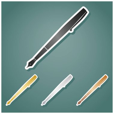 Kalem işareti çizimi. Gri, altın, gümüş ve bronz renkli metalik simgeler seti. Beyaz çizgili ve Viridan arka planında gölgeli..