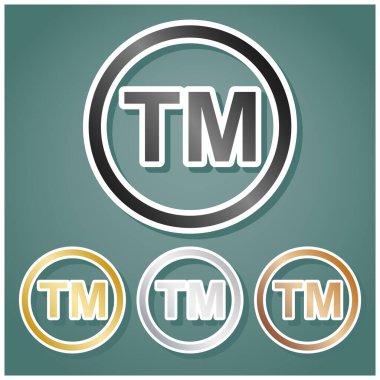 Marka işareti. Gri, altın, gümüş ve bronz renkli metalik simgeler seti. Beyaz çizgili ve Viridan arka planında gölgeli..